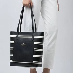 NEW Kate Spade New York Black Crisp Stripe Saffiano Daily Shoulder Tote Bag